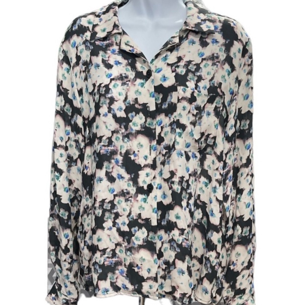 Reiss Black Cream Floral Button-Up Blouse